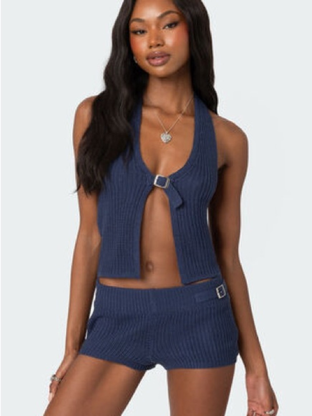 Edikted weekender belted knit halter top navy blue